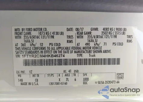 2017 Ford Transit-250 z USA, uszkodzony, nr VIN 1FTYR2CM4HKB46274